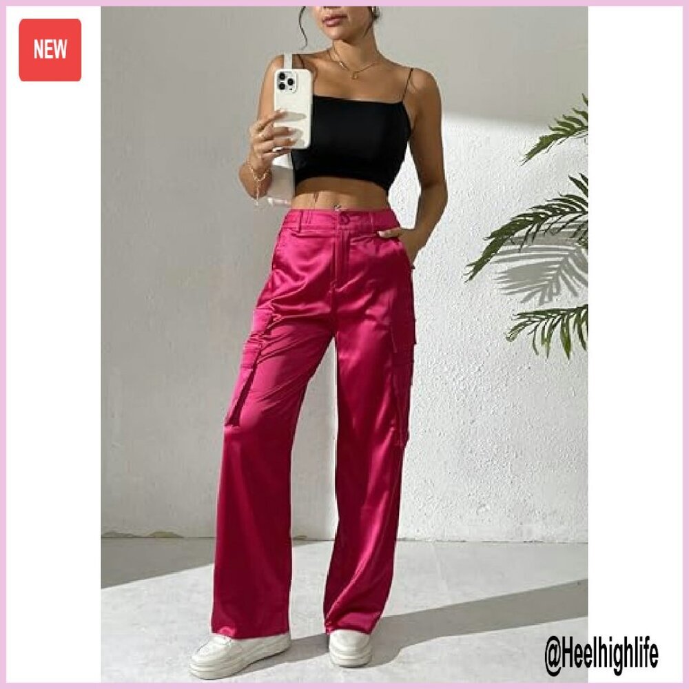 Satin Wide Leg Cargo Pants with Pockets High Waist Elastic - Picture 4 of 8